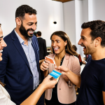 **

A diverse group of professionals engaged in a lively networking event at a modern co-working space in Madrid. Some are exchanging business cards, while others are deep in conversation. The scene should convey energy, collaboration, and the excitement of building connections. Focus on depicting people from different backgrounds and industries interacting. Include elements that subtly suggest "skill stacking," such as a graphic designer talking to a marketing specialist.

**