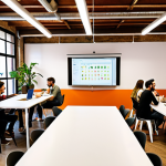 **A vibrant, modern co-working space in Barcelona, filled with young Spanish digital entrepreneurs working on laptops. Focus on diverse individuals collaborating and a sense of community. Include details like a whiteboard with marketing strategies, artisanal coffee cups, and plants to evoke a creative and sustainable atmosphere.**