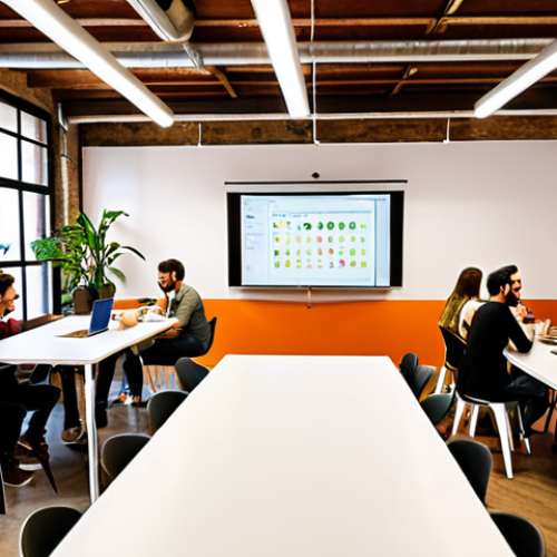 **A vibrant, modern co-working space in Barcelona, filled with young Spanish digital entrepreneurs working on laptops. Focus on diverse individuals collaborating and a sense of community. Include details like a whiteboard with marketing strategies, artisanal coffee cups, and plants to evoke a creative and sustainable atmosphere.**