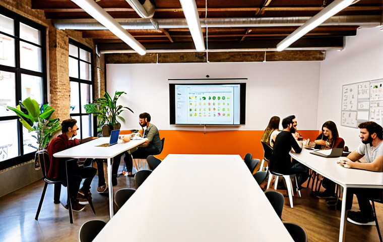 **A vibrant, modern co-working space in Barcelona, filled with young Spanish digital entrepreneurs working on laptops. Focus on diverse individuals collaborating and a sense of community. Include details like a whiteboard with marketing strategies, artisanal coffee cups, and plants to evoke a creative and sustainable atmosphere.**