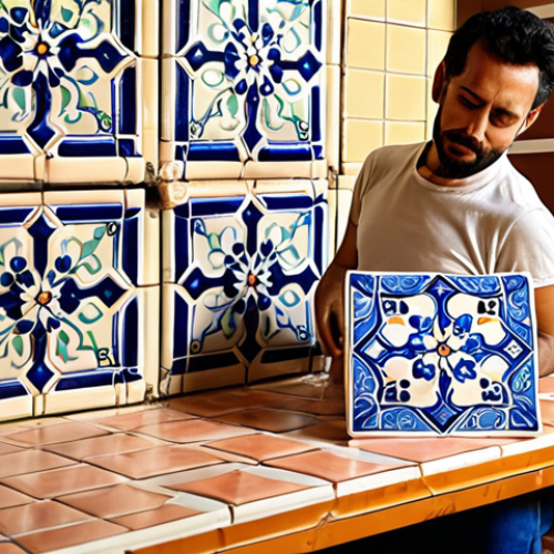 A vibrant, sunlit workshop in Seville, Spain. A skilled artisan uses a 3D printer to add personalized details to a traditional ceramic tile (azulejo). The scene evokes a sense of heritage blended with modern technology. Incorporate elements of Spanish design and color palettes.