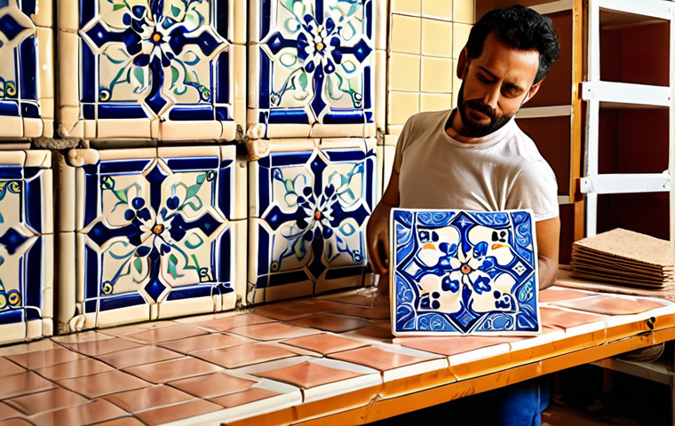 A vibrant, sunlit workshop in Seville, Spain. A skilled artisan uses a 3D printer to add personalized details to a traditional ceramic tile (azulejo). The scene evokes a sense of heritage blended with modern technology. Incorporate elements of Spanish design and color palettes.