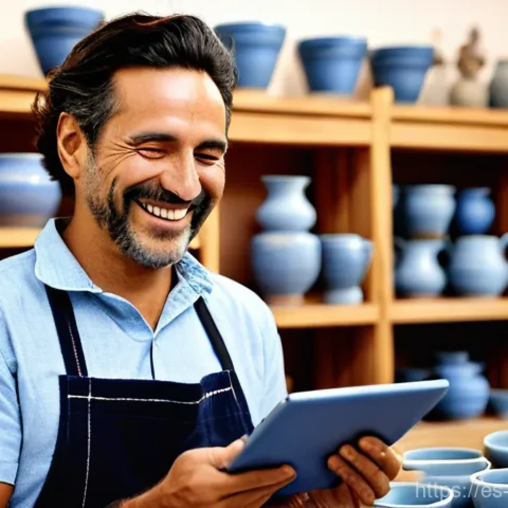 디지털 장인 문화와 사회적 미션 - **"A Spanish artisan in a sun-drenched pottery studio in Talavera, hands covered in clay, smiling as...