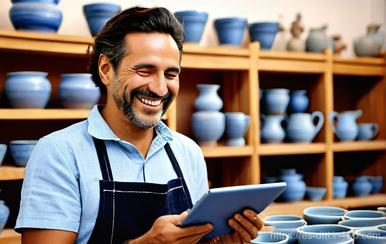 디지털 장인 문화와 사회적 미션 - **"A Spanish artisan in a sun-drenched pottery studio in Talavera, hands covered in clay, smiling as...