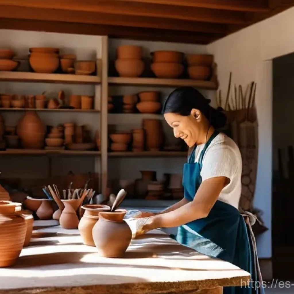 디지털 장인 문화와 전통 산업의 융합 - **Prompt:** A skilled Latina ceramist in her sunlit, rustic workshop, meticulously hand-painting int...
