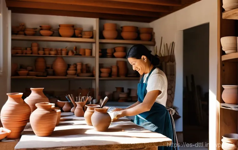 디지털 장인 문화와 전통 산업의 융합 - **Prompt:** A skilled Latina ceramist in her sunlit, rustic workshop, meticulously hand-painting int...
