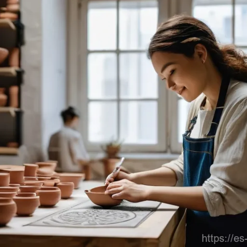 디지털 장인 문화의 창조적 접근법 - **Prompt:** A 30-year-old female ceramic artist, wearing a protective smock and jeans, is meticulous...