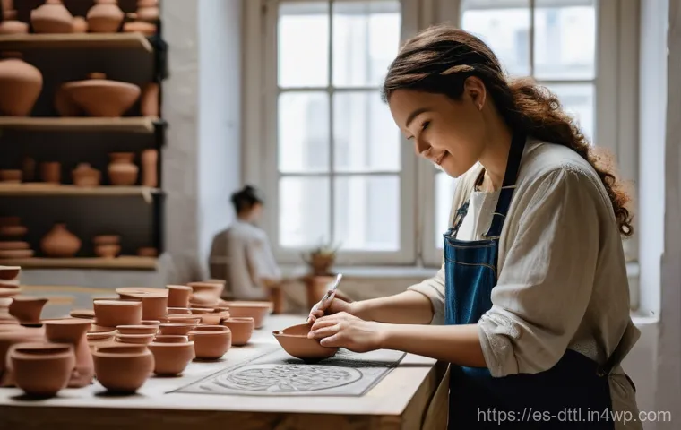 디지털 장인 문화의 창조적 접근법 - **Prompt:** A 30-year-old female ceramic artist, wearing a protective smock and jeans, is meticulous...