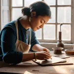 Home 22 디지털 장인 문화에서의 실패와 성공 사례 - **Prompt:** A cozy, sunlit artisan's workshop filled with handcrafted silver jewelry. A female artis...