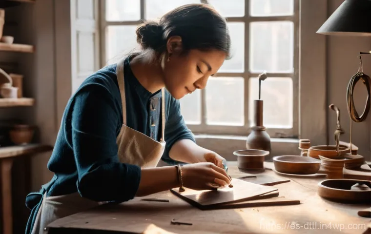 디지털 장인 문화에서의 실패와 성공 사례 - **Prompt:** A cozy, sunlit artisan's workshop filled with handcrafted silver jewelry. A female artis...