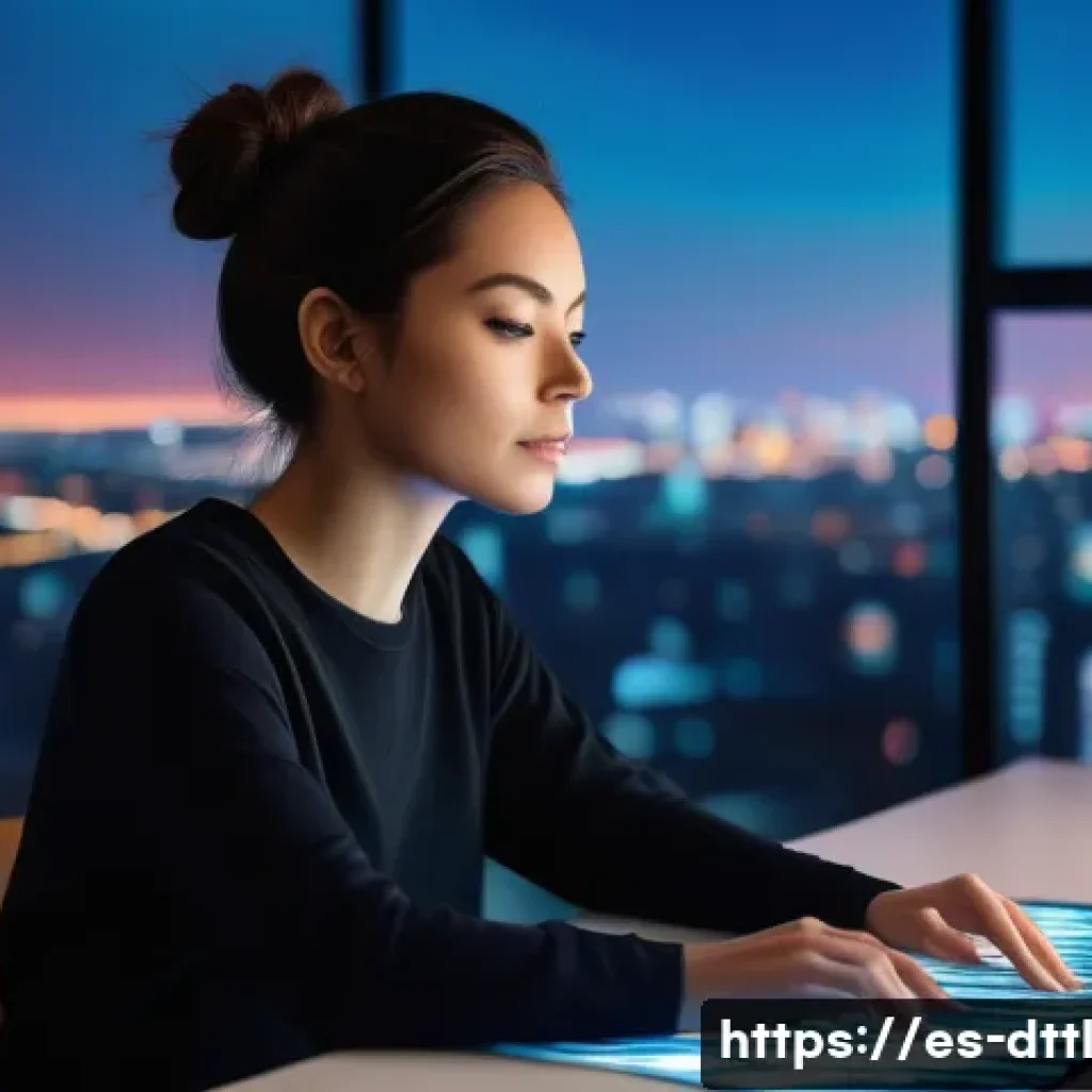 디지털 장인 문화의 성공적인 리더십 사례 - A female digital artist, in her late 20s, with a focused and inspired expression, sits at a sleek, m...