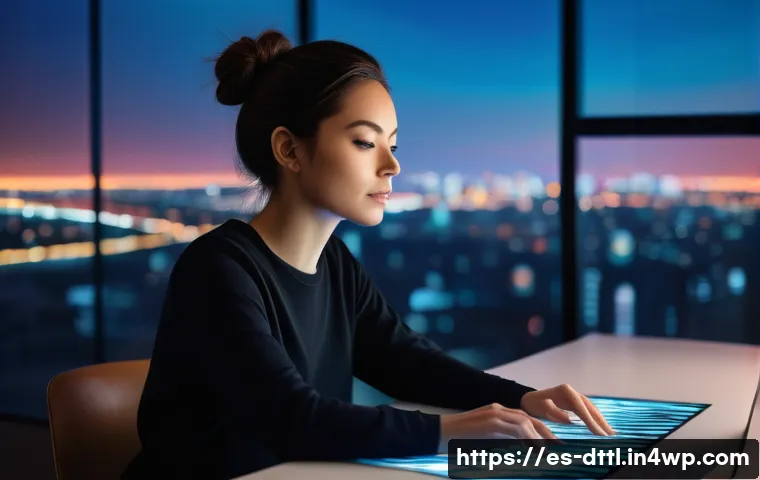 디지털 장인 문화의 성공적인 리더십 사례 - A female digital artist, in her late 20s, with a focused and inspired expression, sits at a sleek, m...