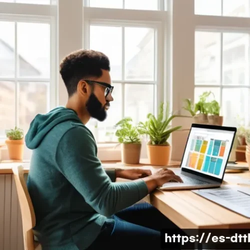 Home 17 디지털 장인 문화에서의 프리랜서의 역할 - A vibrant home office scene showing a diverse freelance graphic designer working on a laptop, surrou...