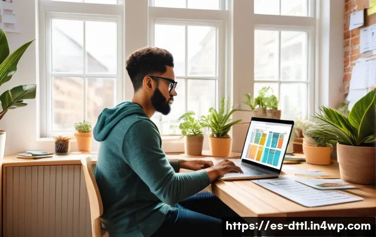 디지털 장인 문화에서의 프리랜서의 역할 - A vibrant home office scene showing a diverse freelance graphic designer working on a laptop, surrou...