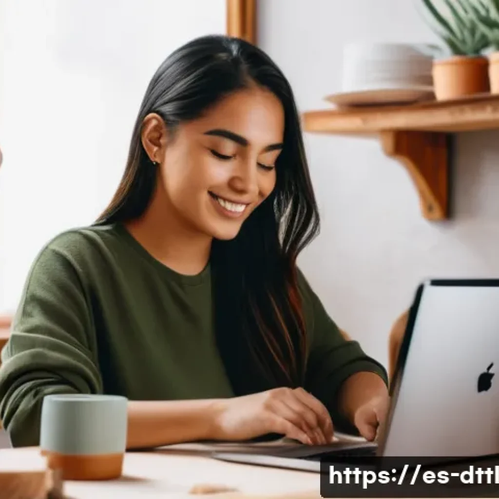 디지털 장인 문화의 커뮤니케이션 전략 - A warm, authentic digital artisan workspace featuring a young Latina woman wearing casual, modest cl...