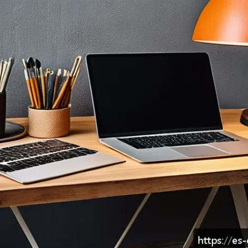 디지털 장인 문화의 상징적 요소 - A digital artisan workspace blending traditional craftsmanship and modern technology: a warm, inviti...