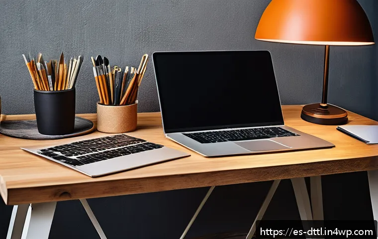 디지털 장인 문화의 상징적 요소 - A digital artisan workspace blending traditional craftsmanship and modern technology: a warm, inviti...