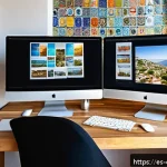 디지털 장인 문화의 법적 및 윤리적 고려 사항 - A digital artist’s workspace in a modern home studio in Spain, featuring a computer screen displayin...