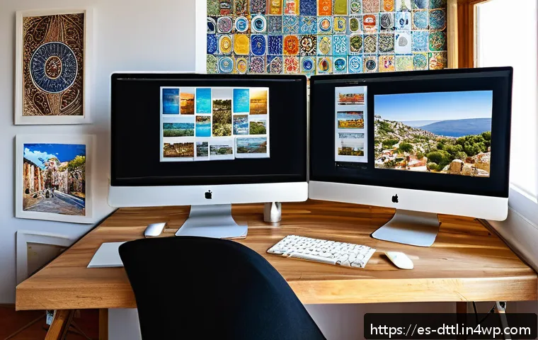 디지털 장인 문화의 법적 및 윤리적 고려 사항 - A digital artist’s workspace in a modern home studio in Spain, featuring a computer screen displayin...