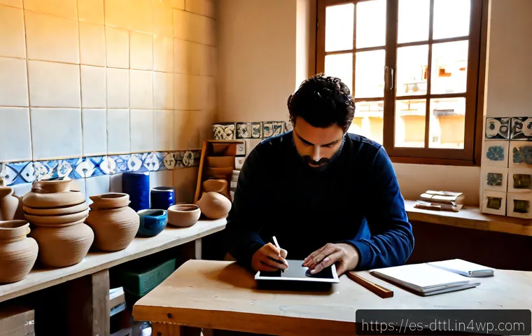 디지털 장인 문화의 세계적 영향력 - Photorealistic artisan workspace in Barcelona, a skilled ceramic artist using a tablet beside handma...