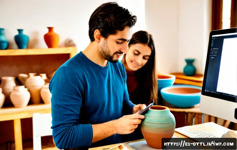 디지털 장인 문화에서의 협업 사례 - Photorealistic collaborative digital craft workshop in a sunlit Barcelona studio, a ceramic artist s...
