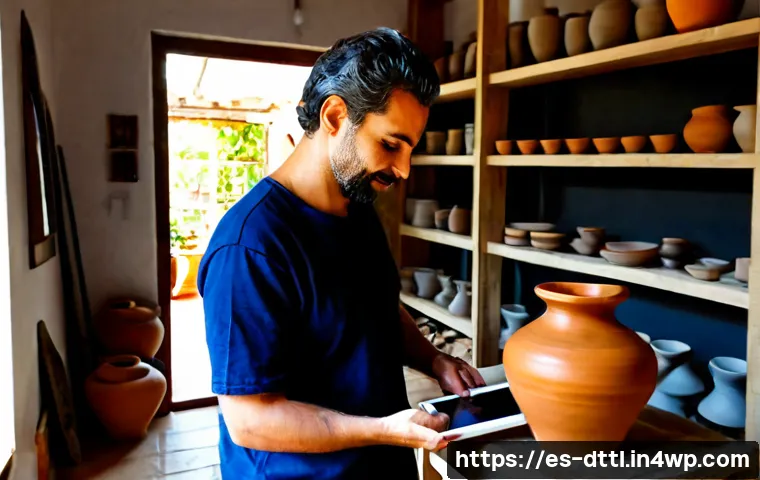 디지털 장인 문화의 지속 가능한 발전 전략 - Photorealistic Spanish ceramic artisan in a bright Valencia-style workshop, using a tablet to refine...