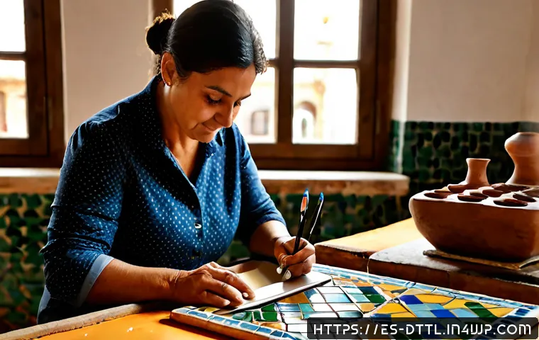 디지털 장인 문화의 사회적 가치 - Photorealistic Spanish digital artisan in a bright Barcelona workshop, a middle-aged craftswoman usi...