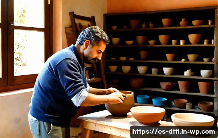 디지털 장인 문화와 자원 배분 전략 - Photorealistic Spanish artisan workshop, a skilled ceramic maker using a tablet with abstract color ...